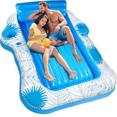 Imagem de Espreguiçadeira inflável para adultos – 177,8 cm x 152,4 cm JIANYHW GG praia bronzeado banheira piscina lounge jangada banhos de sol piscina boias com 2 suportes para comida/bebida, tapete flutuante