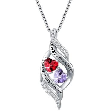 Imagem de Zoeniya Colar Always My Sister Forever My Friend com pingente de pedra do mês de nascimento duplo, joias infinitas, presentes de aniversário de Natal para mulheres, irmã amiga, Base, Zircônia cúbica