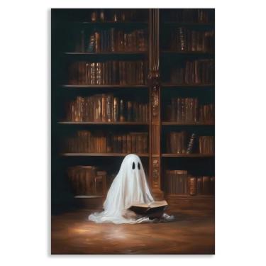 Imagem de Venphude Arte de parede em tela de Halloween, Ghost Reading A Book Front The Bookshelf Aesthetic Poster, Dark Academia Home Library Print, decoração de parede gótica assustadora para recanto de