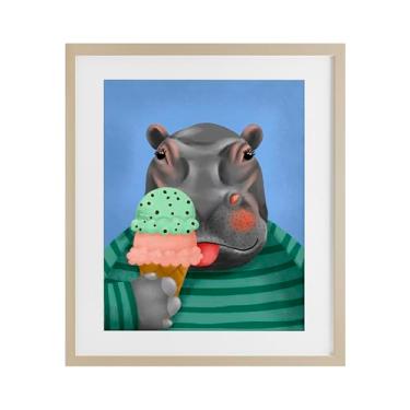 Imagem de Stupell Industries Impressão emoldurada de bétula de hipopótamo e cone de sorvete design sob vidro por Jilly Jack Designs, 40 x 33