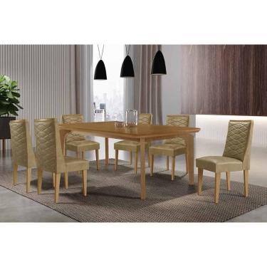 Imagem de Sala de Jantar Completa Londrina c/ Tampo Madeirado Canto Curvo 180x90cm e 6 Cadeiras Dafne Naturale - Suede Capuccino - Rufato
