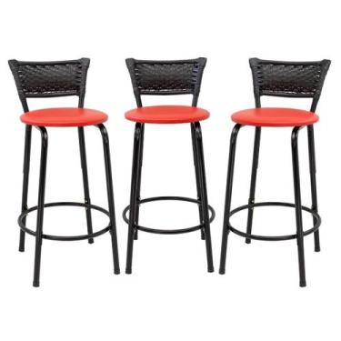 Imagem de Kit 3 Banquetas Para Bancada 60cm Preta Junco Preto Balcão Ilha Bistrô