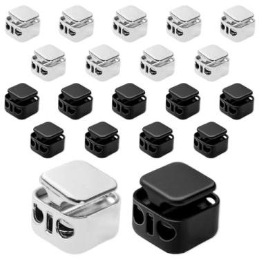 Imagem de 20 travas de cabo resistentes, clipes de mola de furo duplo, travas de cabo de pressão de metal para cadarços, paracord, cordões (prata e preto)