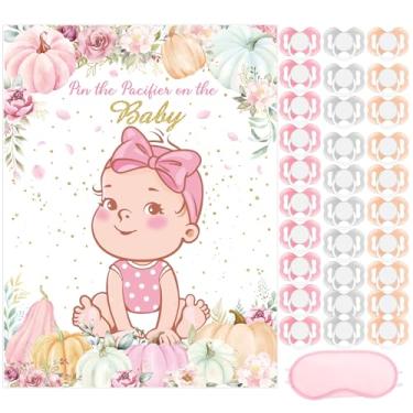 Imagem de Faccito Pin The Pacifier Baby Shower Game Little Pumpkin Decorações de Chá de Bebê Inclui Pôster de Abóbora Rosa 24 Adesivos de Chupeta e Venda para Outono Ação de Graças Decoração de Festa de