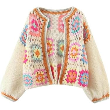 Imagem de Mangas Compridas Camisola De Malha Curta Cardigan Hollowed-out Gancho Xadrez Jumper Macio Feminino, Beige, One Size