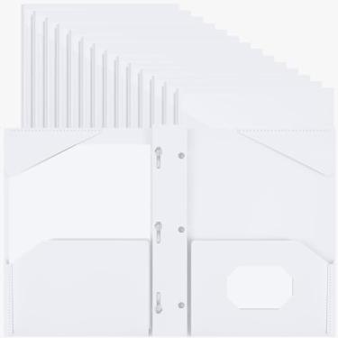 Imagem de Henoyso Pasta de plástico de 36 peças com bolso frontal transparente e pastas de plástico de 3 pinos com compartimento para cartão e pastas de bolso com garras para escritório escolar (branca)