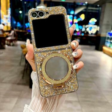 Imagem de Capa magnética espelhada com glitter e revestimento de diamante de luxo para Samsung Galaxy Z Flip 6 5 4 3 5G, capa antiqueda, dourada, para Galaxy Z Flip6