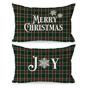 Imagem de Lanpn Conjunto de 2 Capas de Almofada de Natal 30x45cm, Vintage Capas de almofada Decoração de Natal Fronhas Decorativas de Inverno para Sala de Estar Quarto Sofá e Cama (Xadrez Verde Escuro)