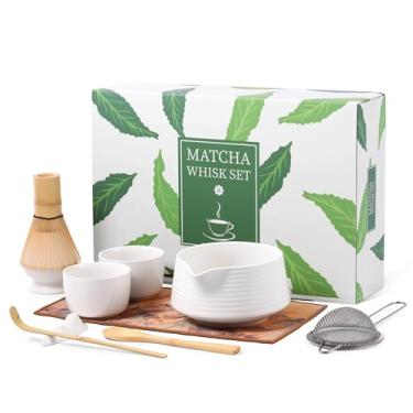 Imagem de HELPLX Conjunto de batedor Matcha com 10 peças, kit de matcha japonês com tigela, batedor e suporte, 2 xícaras de chá, colher de bambu, colher e toalha de chá, conjunto de chá matcha branco para