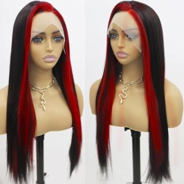 Imagem de ANDRIA Perucas frontais de renda HD 13 x 4, cabelo liso, sem cola, preto e vermelho, densidade de 200% longo, liso, HD, suíço, transparente, sem cola, renda pré-arrancada com cabelo de bebê para