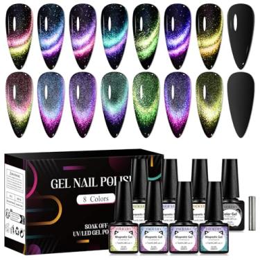 Imagem de Four Lily Esmalte de gel olho de gato 9D, conjunto de esmalte de gel magnético olho de gato, 7 ml x 8 com 1 ímã, cores clássicas, efeito galáxia mágica camaleão, arte de unha, brilho deslumbrante