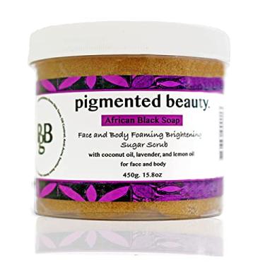 Imagem de Pigmented Beauty - Sabonete preto africano clareador açúcar esfoliante para rosto e corpo com óleos essenciais de lavanda e limão 450 g
