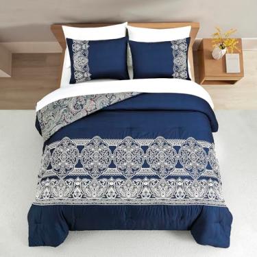 Imagem de Sunshine Nicole Conjunto de edredom reversível, tecido de microfibra escovada com bordado para frente e tecido de microfibra estampado para o verso, 3 peças azul-marinho Queen