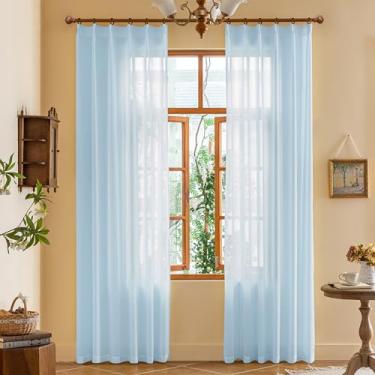 Imagem de Cortinas plissadas transparentes, azul-claro, 203 cm de comprimento para quarto das crianças, toque suave, arejado, respirável, ramo de árvore, filtro de luz, cortinas plissadas com ganchos ajustáveis