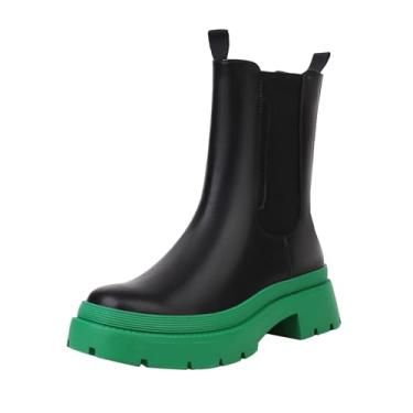 Imagem de sun gurg Botas femininas Chelsea cano médio salto baixo plataforma grossa sem fecho, Verde, preto, 9
