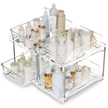 Imagem de Binceen Pacote com 2 organizadores embaixo da pia, organizador de gaveta transparente de 2 camadas, organizador de armário de banheiro, gaveta organizadora de cesta de armário deslizante, maquiagem e