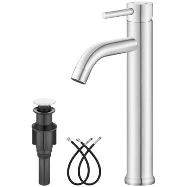 Imagem de Aolemi Torneira de pia de vaso - Torneira de banheiro alta de aço inoxidável SUS304, alavanca única, torneiras de banheiro de 1 furo com linhas de suprimento e ralo pop-up, cromo polido