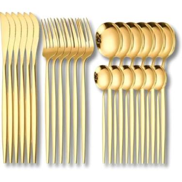 Imagem de Faqueiro de Aço Inox Dourado Premium 24 Peças – Jogo de Talheres Luxo (Garfo, Faca, Colher e Sobremesa) – Elegância para Mesa Posta, Casamento, Jantar Sofisticado e Decoração Gourmet