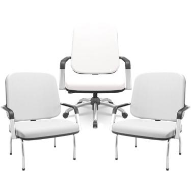 Imagem de Kit Cadeira de Escritório Giratória e 2 Cadeiras Fixas Cromada Magno P03 Vinil Branco - Lyam Decor