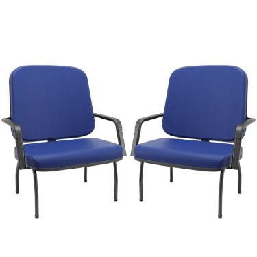 Imagem de Kit 02 Cadeiras de Escritório Recepção com Braço Fixa Preta Magno P03 Vinil Azul - Lyam Decor