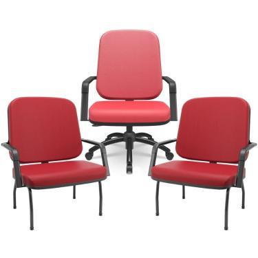 Imagem de Kit Cadeira de Escritório Giratória e 2 Cadeiras Fixas Preta Magno P03 Vinil Vermelho - Lyam Decor