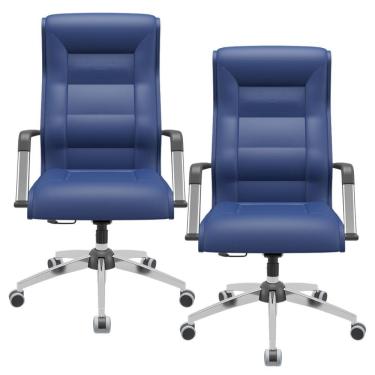 Imagem de Kit 02 Cadeiras De Escritório Giratória Presidente Base Cromada Kirk P03 Vinil Azul - Lyam Decor