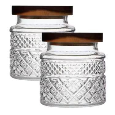 Imagem de Kit 2 Potes De Vidro Hermético 600ml Com Tampa De Madeira Elegante - F