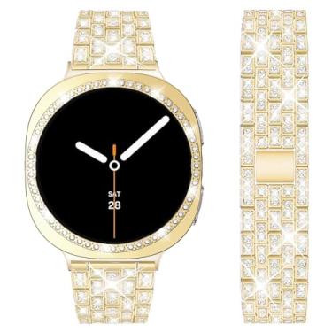 Imagem de DEALELE Pulseiras e capa compatíveis com Samsung Galaxy Watch 8 de 44 mm, pulseira de metal com strass brilhante e diamante, capa protetora de substituição para mulheres e homens (44 mm, dourada)