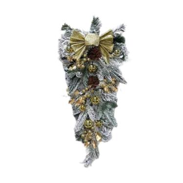 Imagem de UGPLM Guirlanda de Natal com neve decorada com bolas de laço, guirlanda de inverno para porta da frente, decoração de Natal para casa, escritório e feriados, Ouro