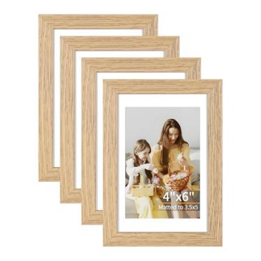 Imagem de Conjunto de 4 porta-retratos 10 x 15 cm, exibe 9 x 12 cm com tapete ou 10 x 15 cm sem tapete, molduras para pendurar na parede ou mesa, inclui acrílico HD, grão de madeira clara