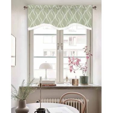 Imagem de Cortina de cortina de janela verde sálvia com ondas em aquarela para janelas de cozinha, saia recortada com borla, cortinas curtas listradas geométricas abstratas, sanefas para quarto 137 x 45 cm