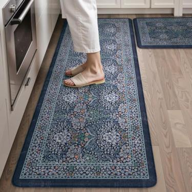Imagem de Collive Tapetes de cozinha para chão, 2 peças, tapetes acolchoados antifadiga, antiderrapante, impermeável, tapete de pia de cozinha, tapete floral azul escuro para bar, escritório, mesa, decoração de