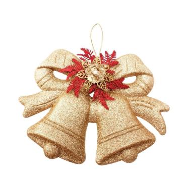 Imagem de Sino Duplo Natalino Decorado Glitter Dourado, Flor Bico De Papagaio 28cm X 20cm - Magizi