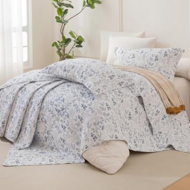 Imagem de Lady Ann Colchas King extragrandes 120 x 120, 3 peças de algodão floral Califórnia king size, conjunto de colcha acolchoado com estampa floral e folhas azul e branco com estampa botânica de plantas
