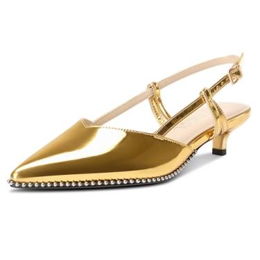 Imagem de Aachcol Sandálias femininas de salto baixo com bico fino e salto baixo gatinho de couro envernizado prata com contas e fivela sapatos de formatura de 3,5 cm, Dourado, 42