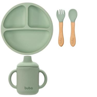 Imagem de Kit Buba Prato Talheres Copo Transição Silicone Bambu Bebê, Verde