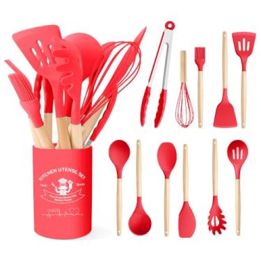 Imagem de Conjunto de utensílios de cozinha de silicone com cabo de madeira para cozinhar panelas antiaderentes de silicone resistente ao calor livre de BPA (vermelho)