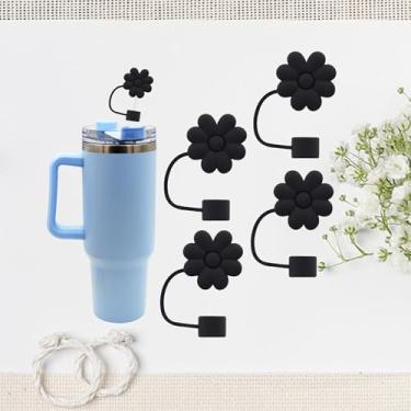 Imagem de Meitesti 4 peças de capas de palha reutilizáveis de silicone preto - Toppers de palha em forma de flor distintiva para copo Stanley, 10 mm, 1 cm