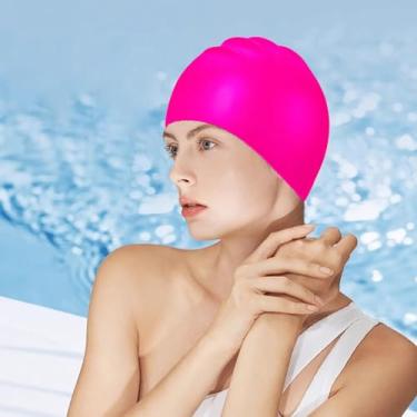 Imagem de Touca de natação de silicone - impermeável, ajuste confortável, amigável para cabelos longos - rosa vermelha