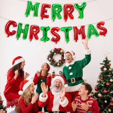 Imagem de Merry Christmas Letter Banner Guirlanda de 40,6 cm Kit de folha vermelha e verde, lembrancinhas de festa de aniversário de Natal, suprimentos para decoração interna e externa, decoração de parede para