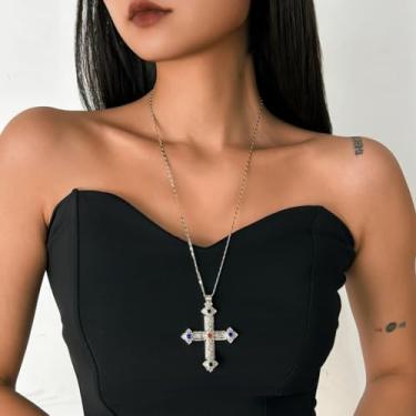 Imagem de Colar com pingente de cruz para mulheres, joias Y2K, colares de cruz de prata, banhado a ouro, joia religiosa, One Size, Metal, Sem Pedra Preciosa