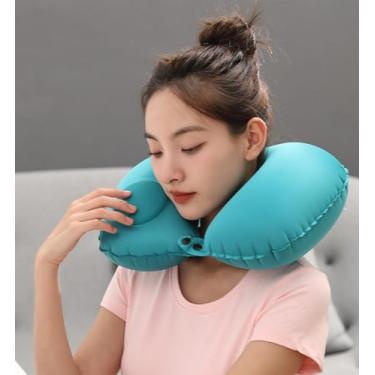 Imagem de Travesseiros portáteis de viagem, travesseiro inflável confortável em forma de U para levar aviões, carros e trens, verde lago