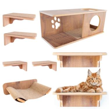 Imagem de BT WOOD Playground Para Gatos Moderno, MDF Laminado 15mm, 8 Peças com Nicho G e Degraus, Suporta 25kg, Pré-montado, Para Parede, 76x30x30cm, Carpete Antiderrapante (Marrom)