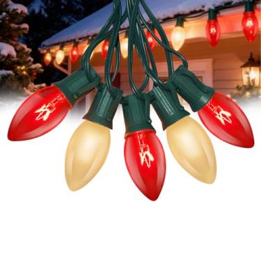 Imagem de Konictom Luzes externas C9 de 6 m, vermelho e branco fosco com 26 lâmpadas (1 sobressalente), luzes de Natal vintage para árvore, quintal, jardim, varanda, festa