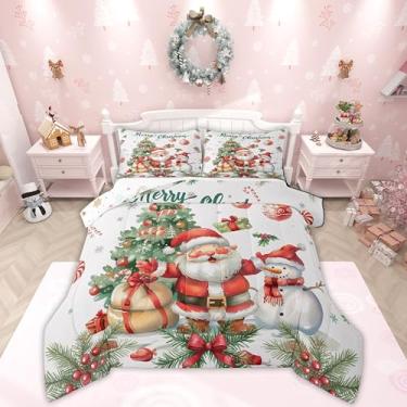 Imagem de jejeloiu Conjunto de edredom para todas as estações, desenho animado de Papai Noel, Papai Noel, com 2 fronhas, desenho animado, boneco de neve, microfibra infantil, roupa de cama de casal verde e