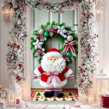 Imagem de BlissYard Guirlanda de cobertura de porta de Natal com Papai Noel de pelúcia e estrelas prateadas arte festiva de inverno para decoração de porta de entrada interna e externa 189 x 89 cm decoração de