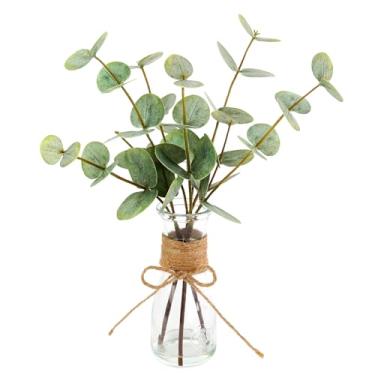 Imagem de ALAGIRLS Hastes artificiais de eucalipto em vaso de vidro com água sintética, 3 peças de planta falsa de eucalipto de 35 cm com folhas verdes realistas, decoração interna de planta de plástico para