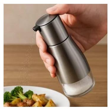 Imagem de Porta Temperos de Vidro e Inox 320ml – Dispensador com Tampa Giratória, Base Transparente, Design Premium para Condimentos e Especiarias, 18,5cm