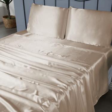 Imagem de Jogo de Lençol Premium em Cetim Charmousse, 4 Peças, 100% Poliéster, Disponível em Tamanhos Casal/Queen/King, Design Liso com Fronhas Protetoras (Nude, King)