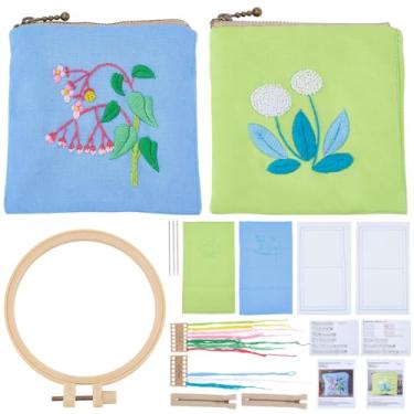 Imagem de WEBEEDY 2 conjuntos de kit de bordado de porta-moedas, mini carteira, kit de bordado à mão para iniciantes, conjunto de costura de bolsa de joias pequena de flores inclui padrão floral, argola, linha